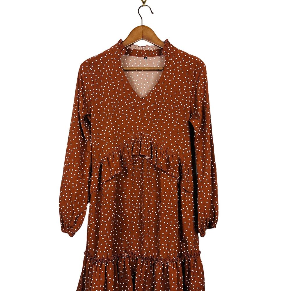 Tiered Dress Polka Dot V Neck Long Sleeve - S